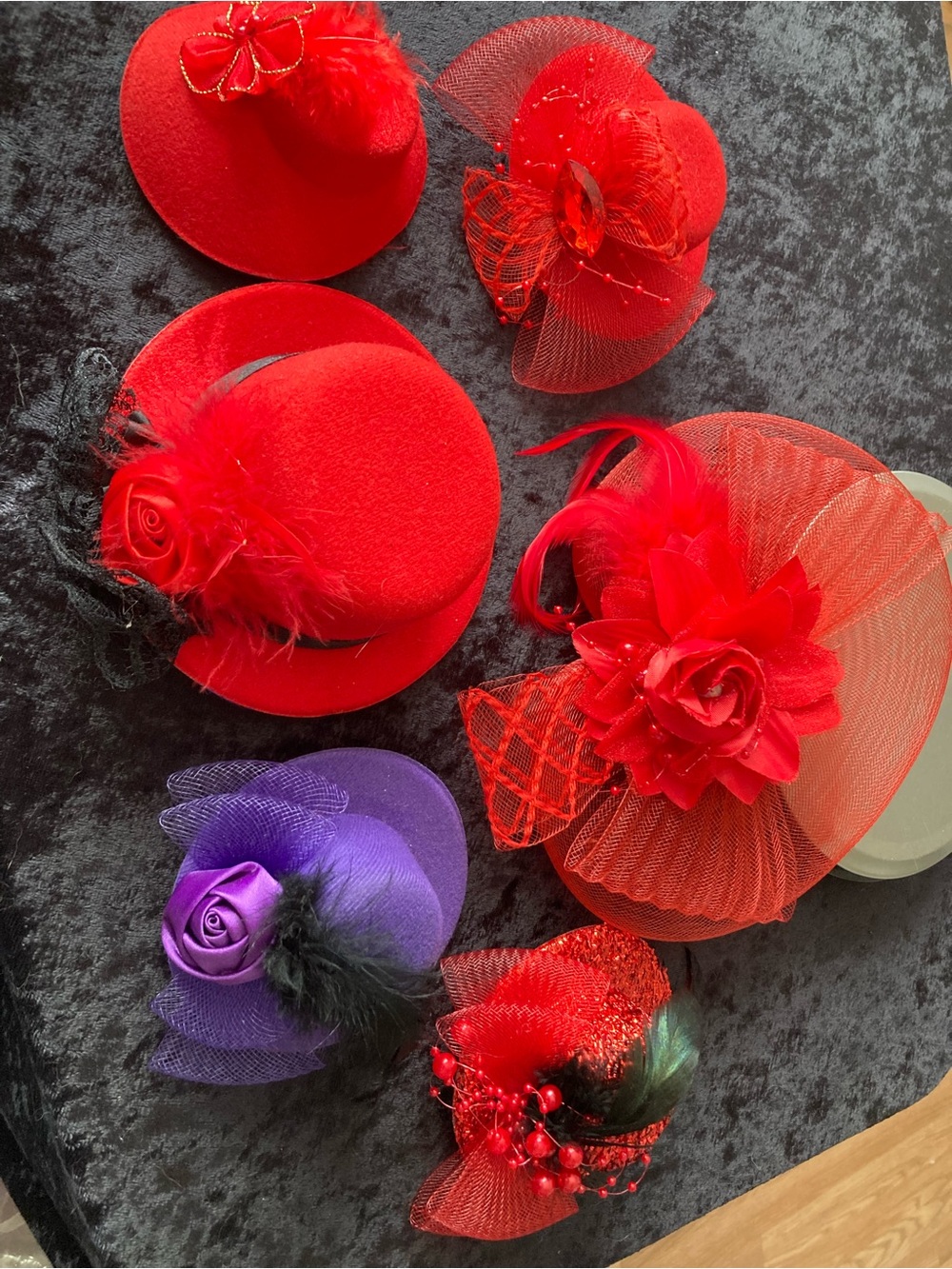 Red Hat Society Floral Feather Fascinator Hat - Women Hair Accessories Lot of 6